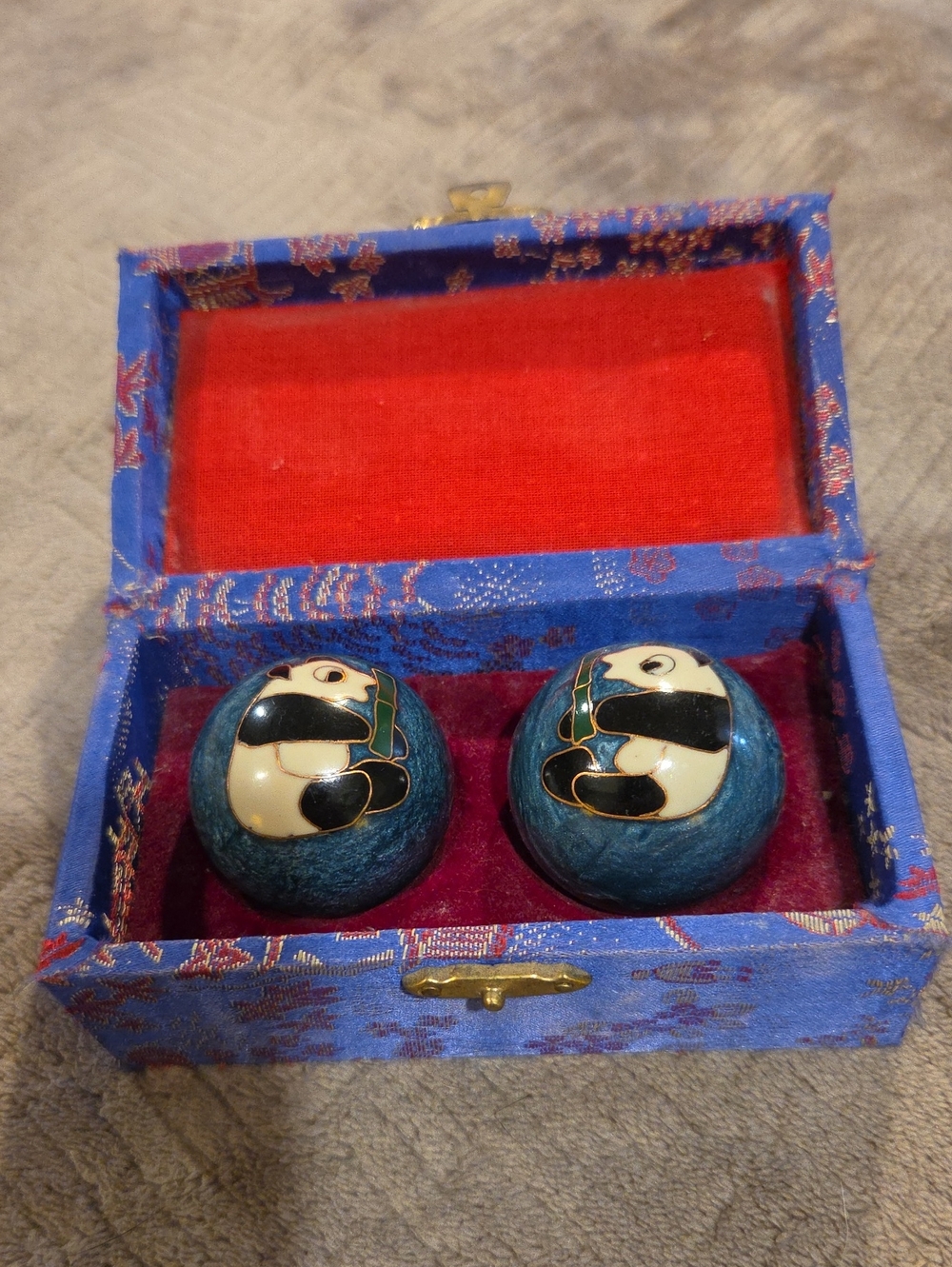 Source Unknown Blue Cloisonné Panda Baoding Exercise Balls